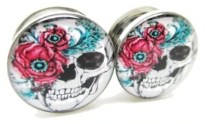 pierced republic flower & skull stainless steel ear plugs - screw on - new *pair* (0 gauge (8mm))