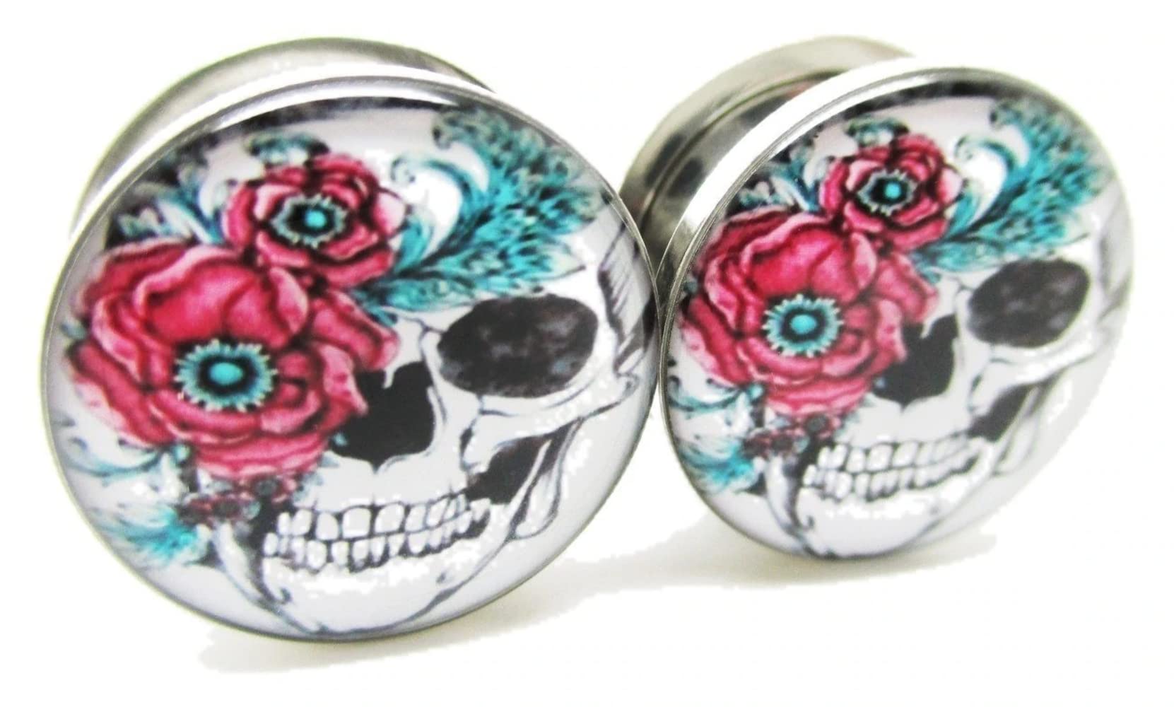 Pierced Republic Flower & Skull Stainless Steel Ear Plugs - Screw on - New *Pair* (0 Gauge (8mm))