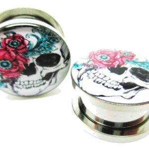 Pierced Republic Flower & Skull Stainless Steel Ear Plugs - Screw on - New *Pair* (0 Gauge (8mm))