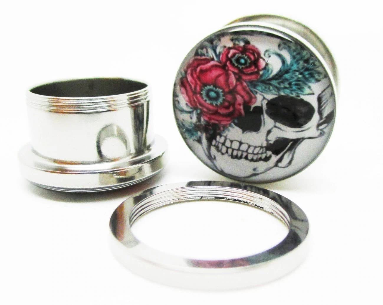 Pierced Republic Flower & Skull Stainless Steel Ear Plugs - Screw on - New *Pair* (0 Gauge (8mm))