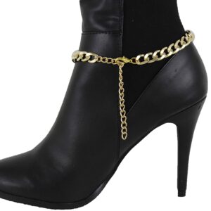 Trendy Fashion Jewelry TFJ Women Western Boot Chains Metal Bling Bracelet Long Narrow Plate Anklet High Heel Charm Gold