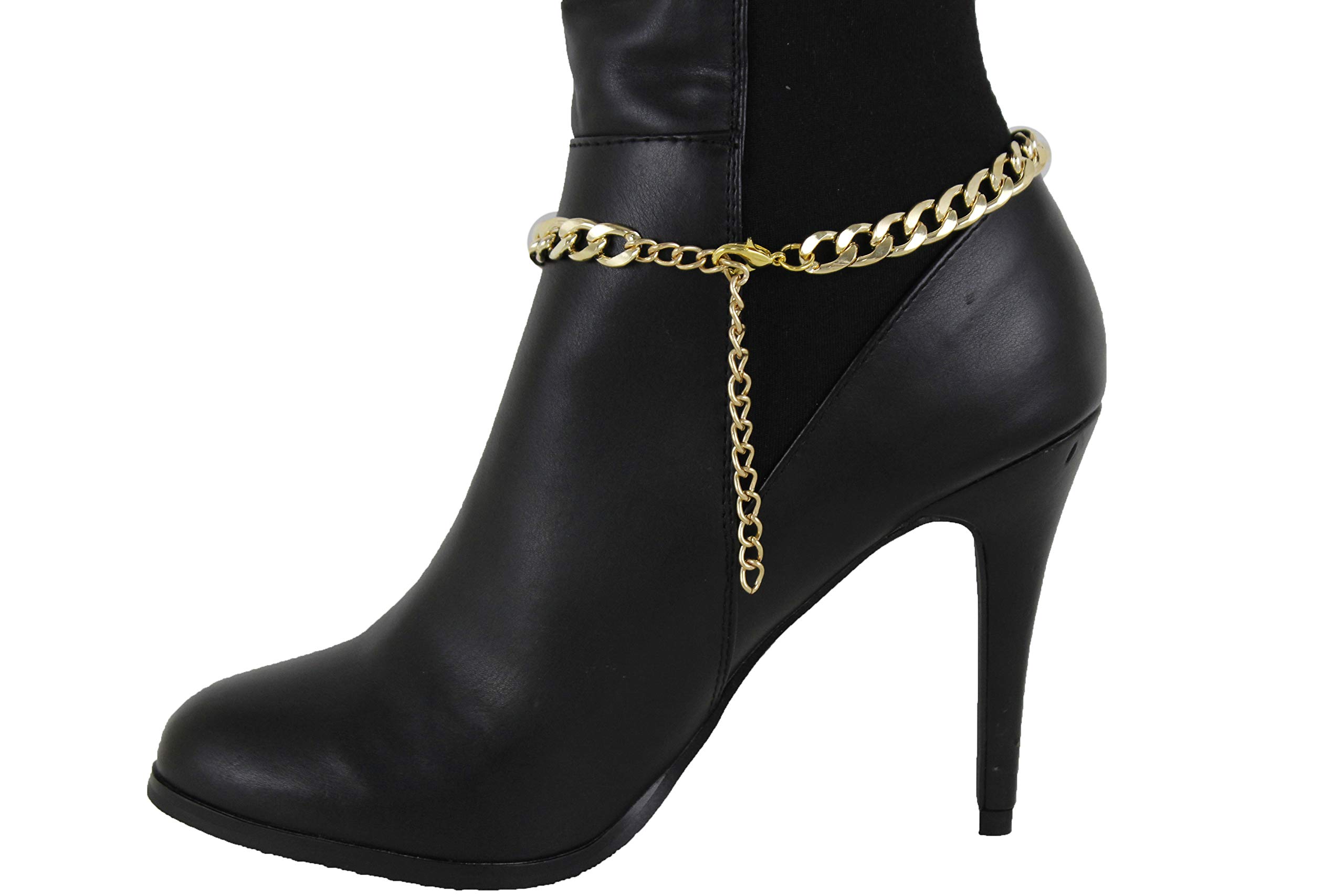 Trendy Fashion Jewelry TFJ Women Western Boot Chains Metal Bling Bracelet Long Narrow Plate Anklet High Heel Charm Gold