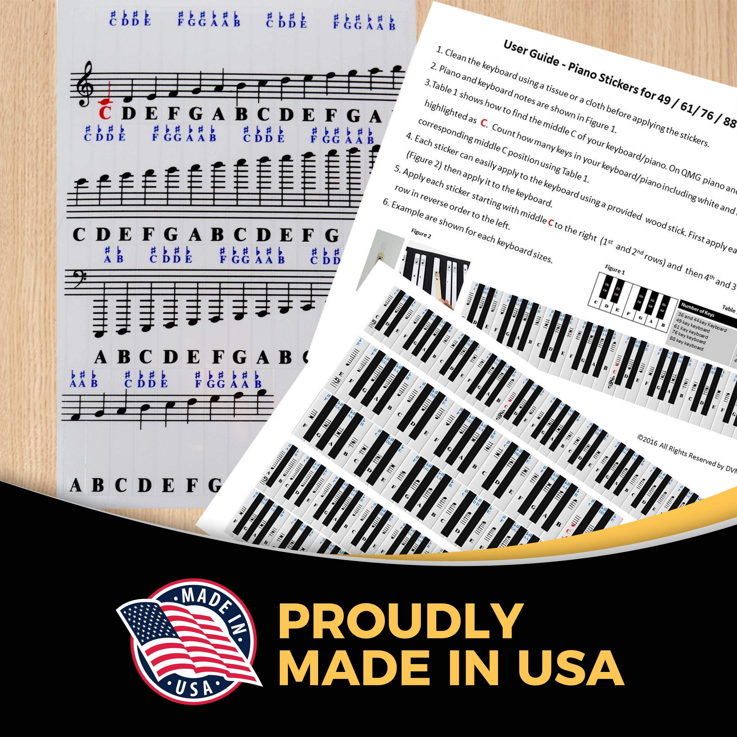 QMG Piano Stickers for 49/61/ 76/88 Key Keyboards – Transparent and Removable; Made in USA