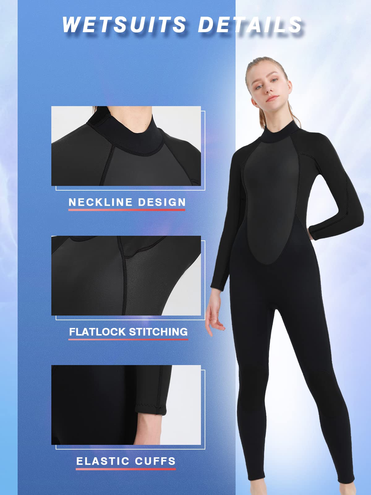 REALON Wetsuit Women Neoprene Wet Suits 3mm Full Body Long Sleeves Swimsuit for Scuba Diving Swimming Surfing Adult in Cold Water Aerobics (Black 3mm Large)