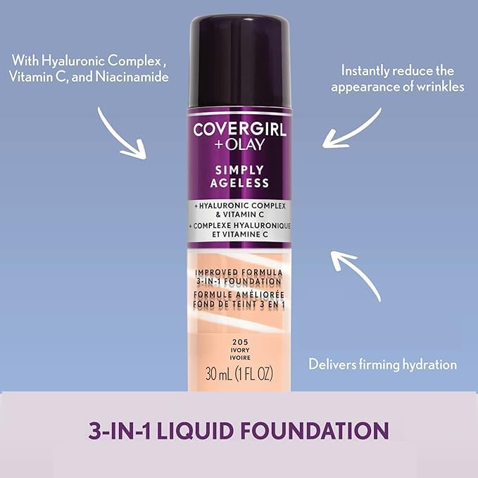 CoverGirl & Olay Simply Ageless 3-in-1 Liquid Foundation, Matte Finish, Hyaluronic & Vitamin C Formula, Cruelty Free, Creamy Beige, 1 Count