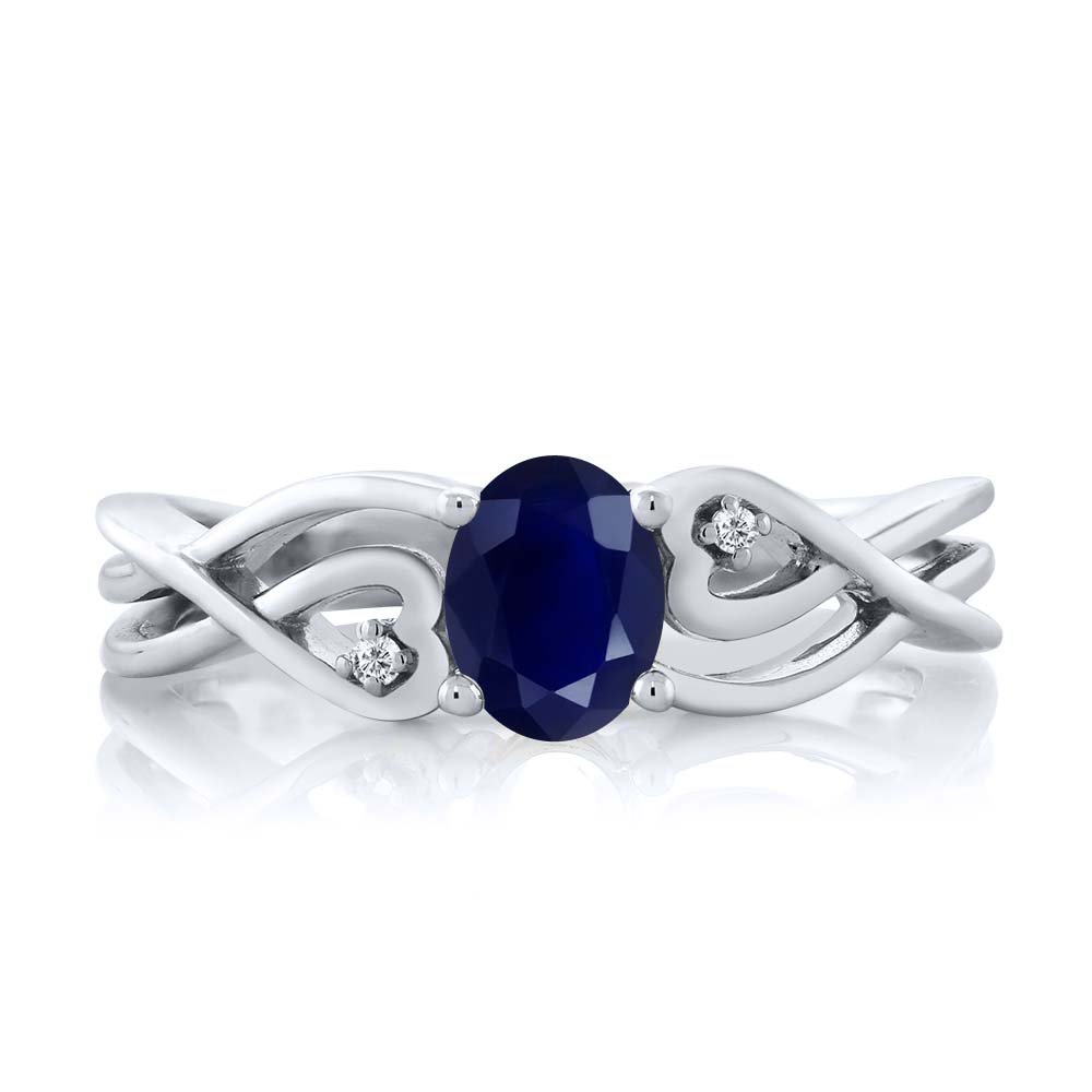 Gem Stone King 925 Sterling Silver Oval Blue Sapphire and White Lab Grown Diamond 3 Stone Engagement Ring For Women (0.56 Cttw, Gemstone Birthstone, Available In Size 5, 6, 7, 8, 9)