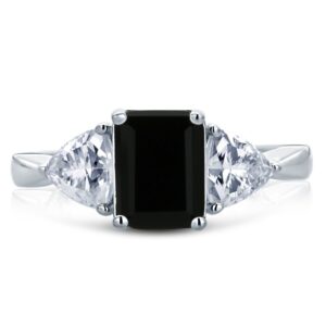 Sterling Silver Ring Wedding Ring Emerald Cut 1.5 carat Black CZ Stone Three Stone Anniversary Ring 8MM (Size 5 to 10), 6