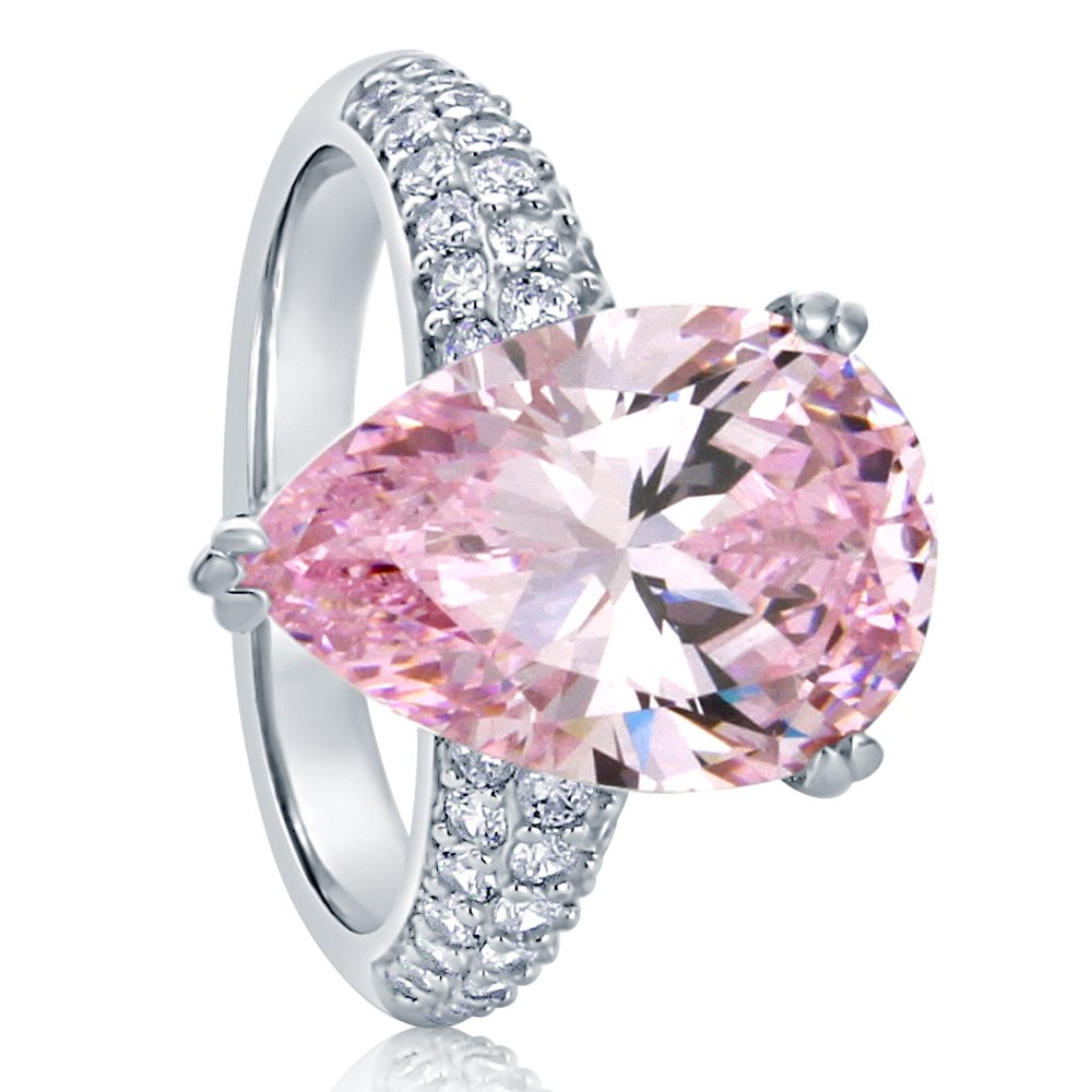 DoubleAccent Sterling Silver Ring Pear Cut 5.75 carat Super Light Pink CZ Stone Cocktail Ring 15.5MM (Size 5 to 10), 5