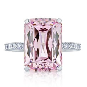 Sterling Silver Ring Emerald Cut 8.5 carat Super Light Pink CZ Stone Cocktail Ring 14MM (Size 5 to 10), 7