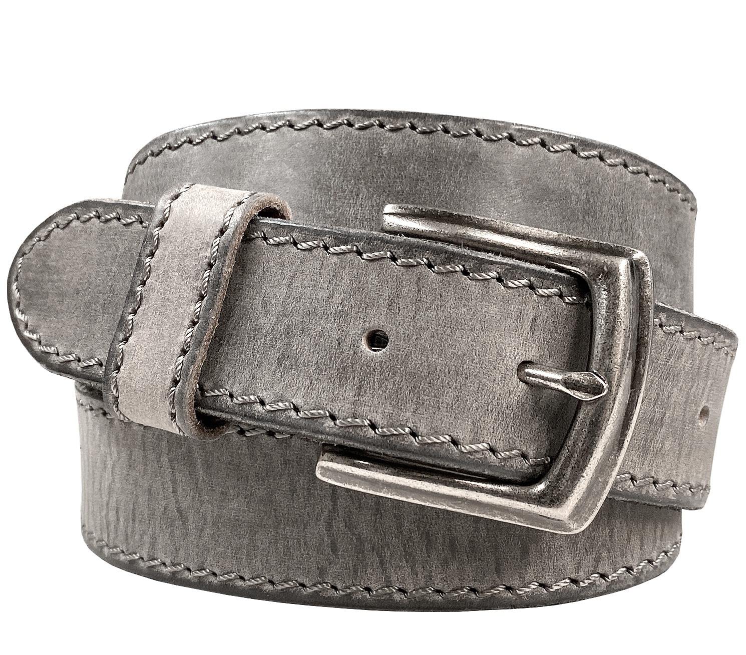 Antique Engraved Buckle Genuine Full Grain Leather Casual Jean Belt 1-1/2"(38mm) Wide (Gray, 36)