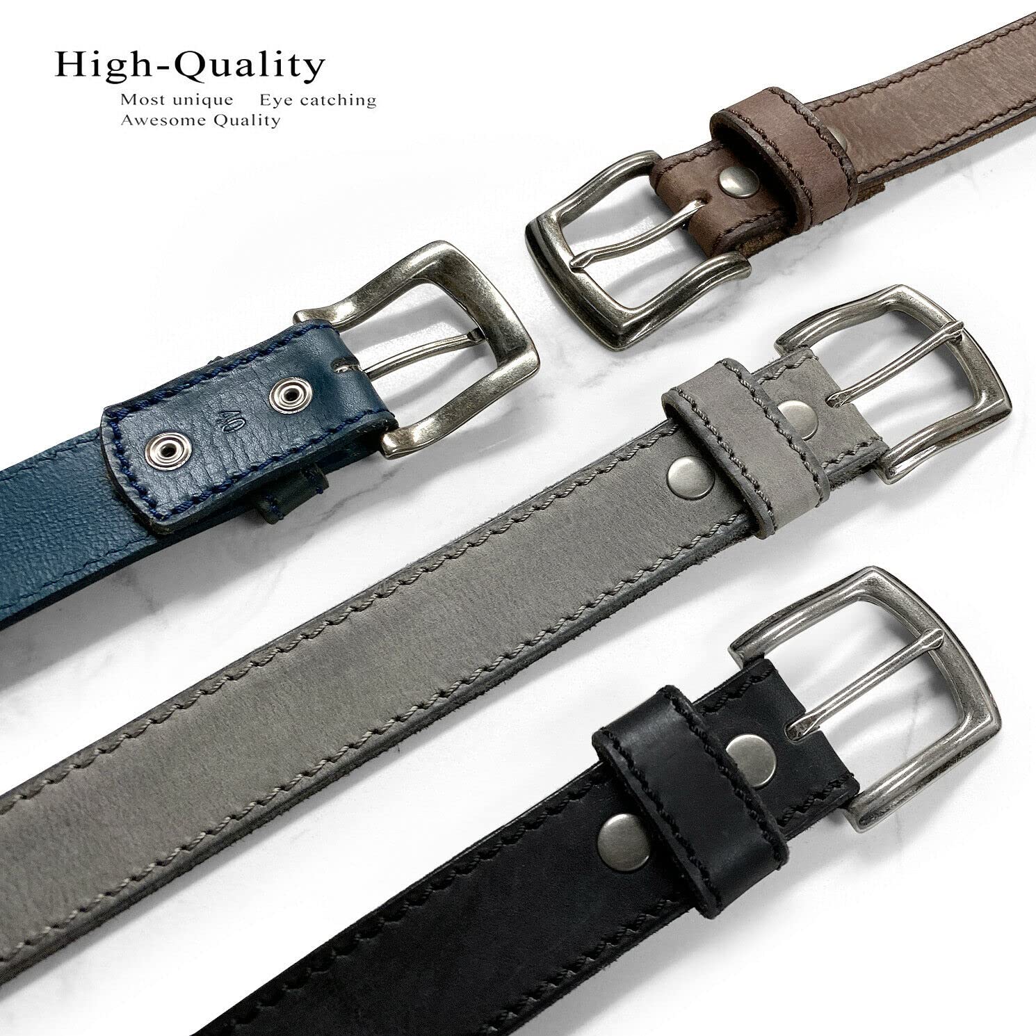 Antique Engraved Buckle Genuine Full Grain Leather Casual Jean Belt 1-1/2"(38mm) Wide (Gray, 36)