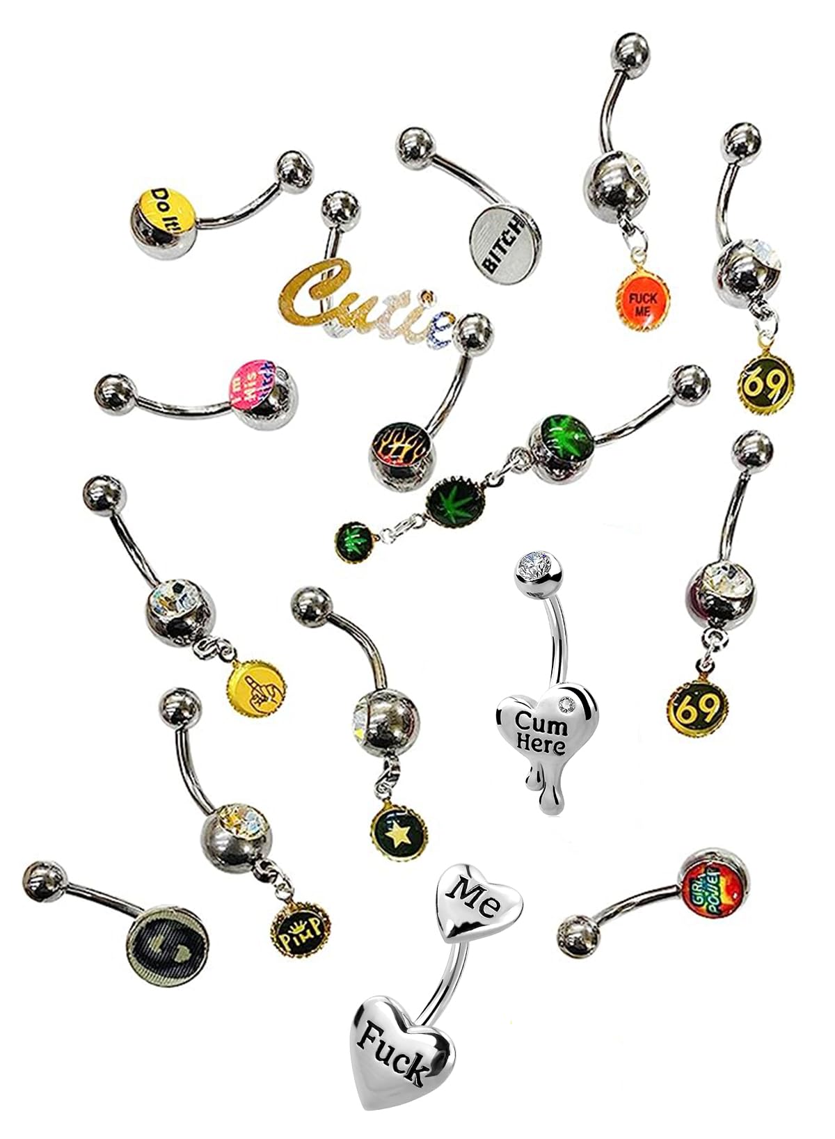 10pc 14G Naughty Belly Button Rings 316L Surgical Steel Mix Package Navel Rings Naughty Logos and Sexy Letters Belly Rings Navel Piercings Jewelry