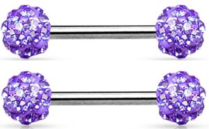 body accentz nipple ring crystal paved ferido balls 316l surgical steel nipple bar pair(purple)