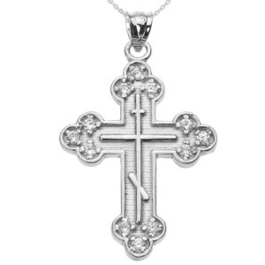 Religious Jewelry 14k White Gold Diamond Eastern Orthodox Cross Pendant Necklace, 18"