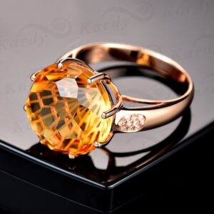 Kardy Amazing Women's Solid 14K Rose Gold Natural Citrine Gemstone Prong Diamond Wedding Engagement Ring Sets