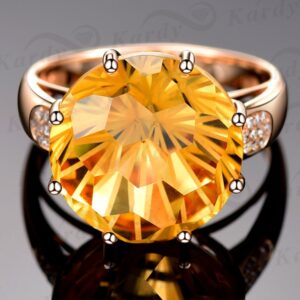 Kardy Amazing Women's Solid 14K Rose Gold Natural Citrine Gemstone Prong Diamond Wedding Engagement Ring Sets