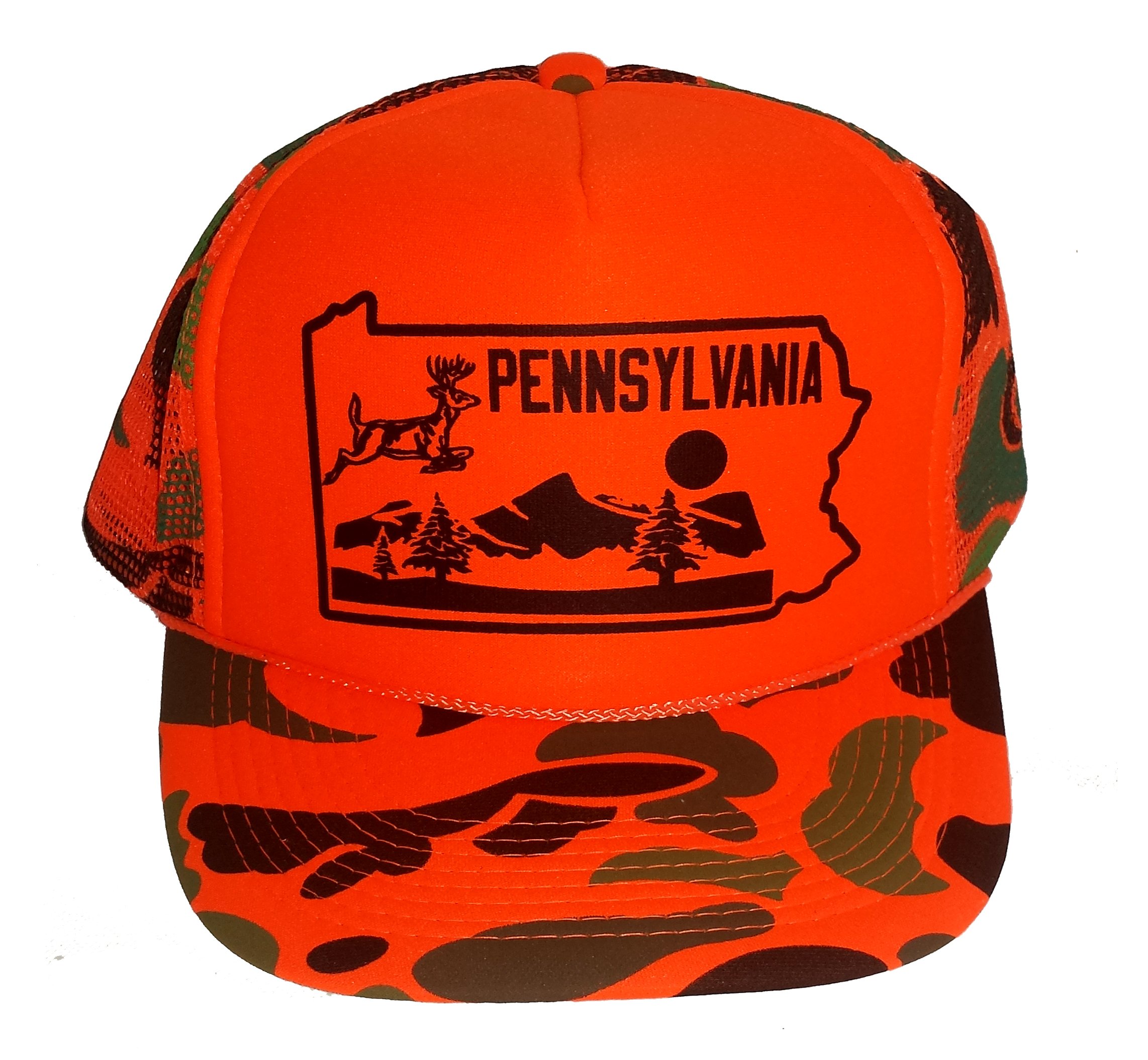 Pennsylvania State Deer Mesh Snapback Trucker Hat Cap Pa Orange Camo Camouflage