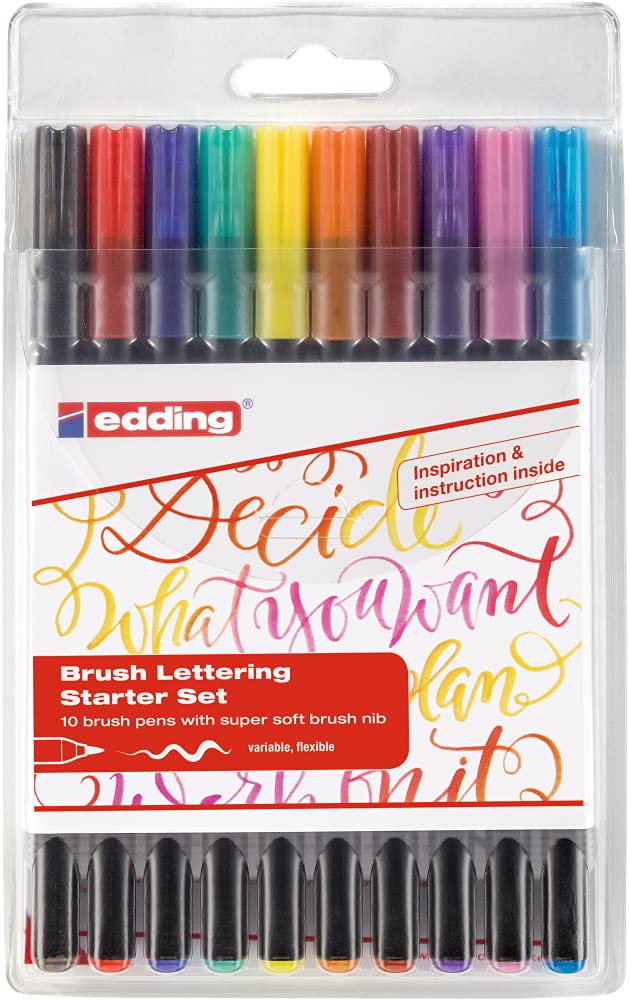 edding 1340 brush pen - set of 10 - colorful, bright, delicate colors - flexible brush nib - felt-nib pen for painting, writing and drawing - bullet journals, hand lettering, mandalas, calligraphy