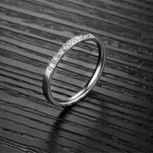 Fashion Month Women 2mm Titanium Stainless Steel Cubic Zirconia CZ Inlay White Gold Ring Wedding Engagement Silver Band Size 4