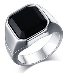 mealguet jewelry fashion stainless steel signet ring with black agate for men, size 10