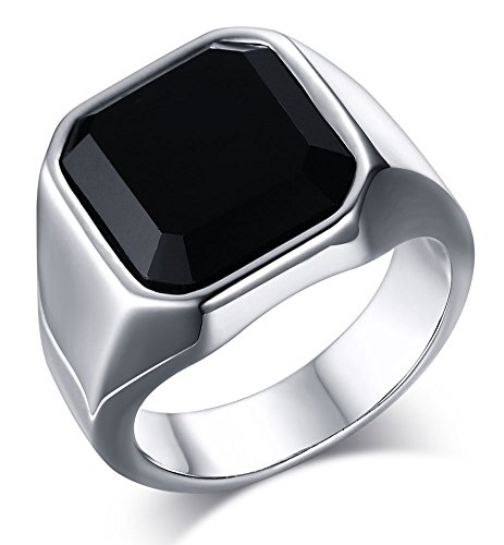 MEALGUET Jewelry Fashion Stainless Steel Signet Ring with Black Agate for Men, Size 10