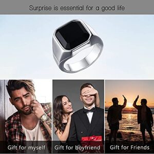 MEALGUET Jewelry Fashion Stainless Steel Signet Ring with Black Agate for Men, Size 10