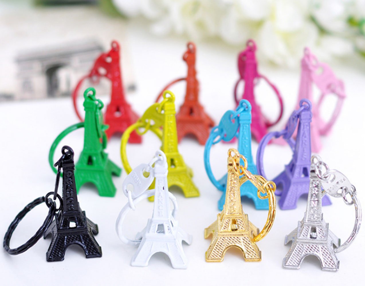 yueton Pack of 10 Retro Mini Colorful Retro Eiffel Tower Model Key Holder Metal Split Key Ring Keyring