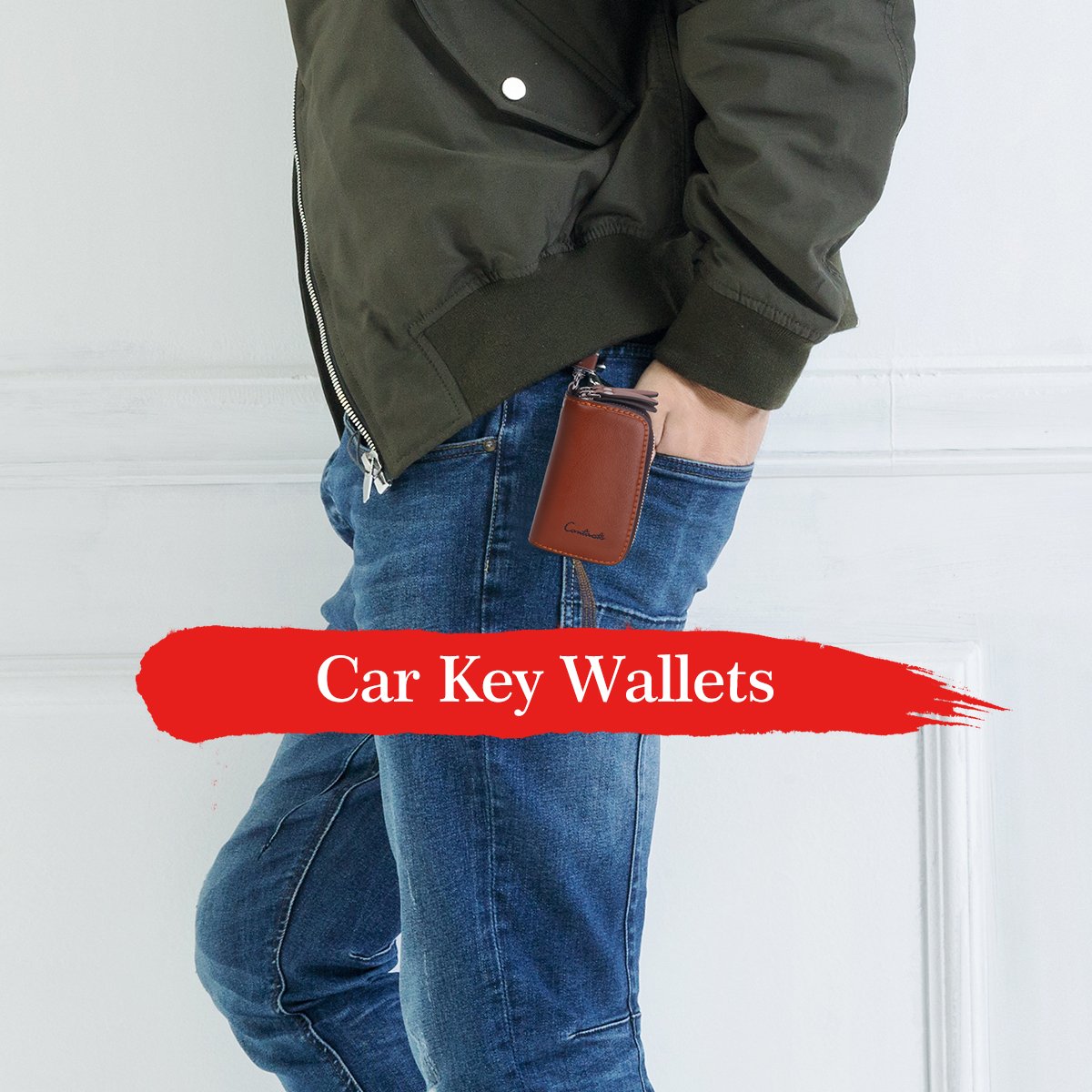 Contacts-Genuine Leather Car Key Keychain Holder Metal Hook and Keyring Zipper