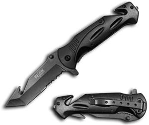 xtreme-tec heavy duty black spring assist folding knife with guthook blade, 8"