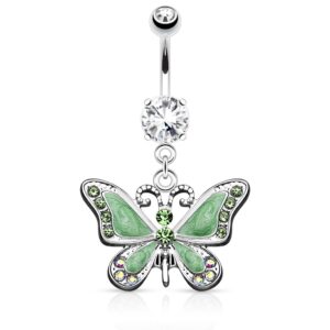 pierced owl 14ga stainless steel cz crystal butterfly dangling belly button ring (green)