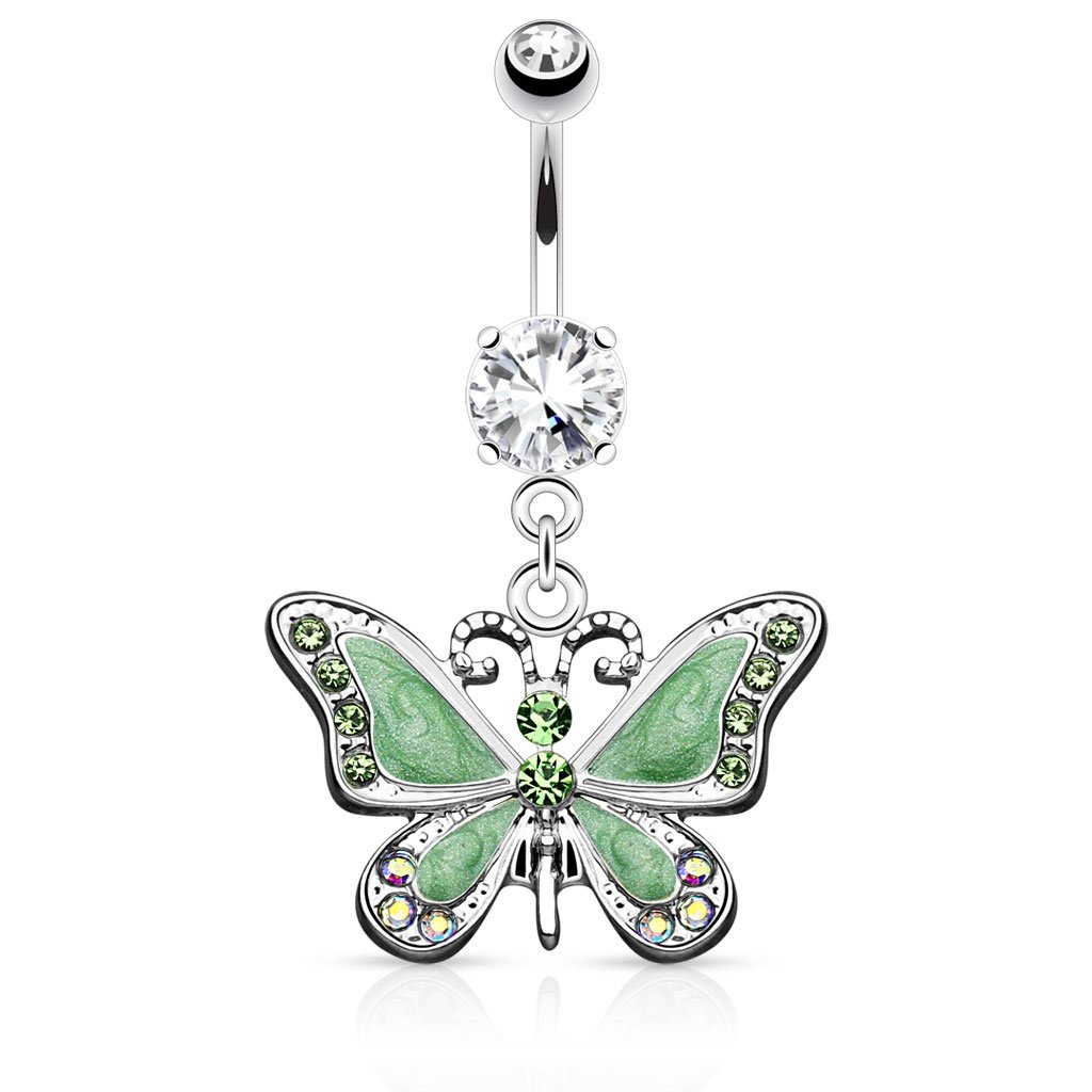 Pierced Owl 14GA Stainless Steel CZ Crystal Butterfly Dangling Belly Button Ring (Green)