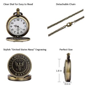 JewelryWe Bronze Retro Pocket Watch United States Navy Engraved Men's Quartz Pocket Watch for Christmas