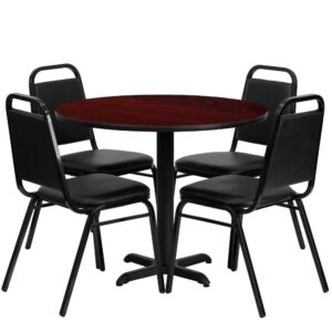 Flash Furniture Carlton 36'' Round Mahogany Laminate Table Set with X-Base and 4 Black Trapezoidal Back Banquet Chairs