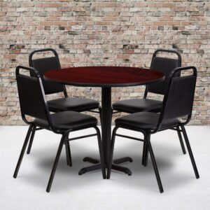 Flash Furniture Carlton 36'' Round Mahogany Laminate Table Set with X-Base and 4 Black Trapezoidal Back Banquet Chairs