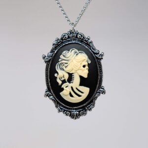 Real Metal Gothic Lolita Skull Cameo in Pewter Frame Pendant Necklace