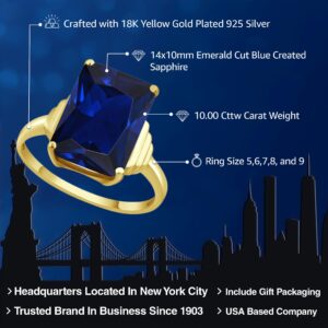 Gem Stone King 18K Yellow Gold Plated Silver Blue Created Sapphire Ring For Women (10.00 Cttw, Emerald Cut 14X10MM, Gemstone September Birthstone, Available In Size 5, 6, 7, 8, 9)