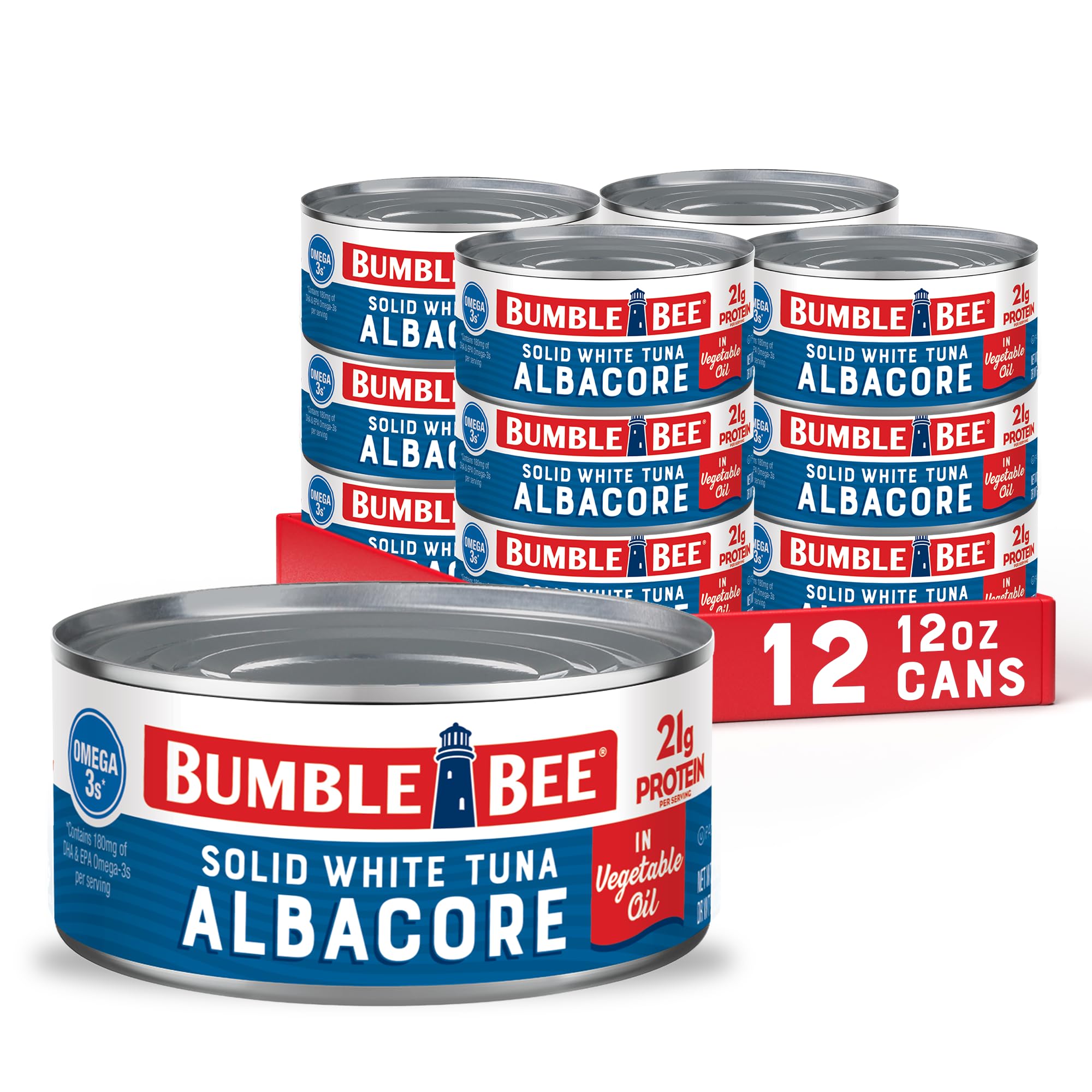 Bumble Bee Solid White Albacore Tuna in Oil, 12 oz Can (Pack of 12) - Wild Caught Tuna - 21g Protein per Serving, High in Omega-3s - Non-GMO Project Verified, Gluten Free, Kosher