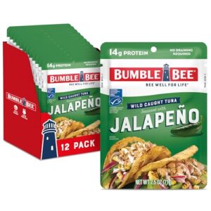 bumble bee jalapeño seasoned tuna, 2.5 oz pouches (pack of 12) - ready to eat - wild caught tuna pouch - 14g protein per serving - no draining required