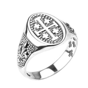 Religious Jewelry 925 Sterling Silver Jerusalem Cross Unisex Ring with Fleur De Lis (Size 7)