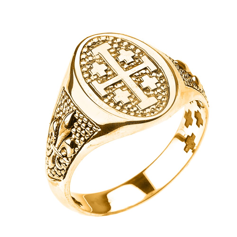 Religious Jewelry 14k Yellow Gold Jerusalem Cross Unisex Ring with Fleur De Lis (Size 9)