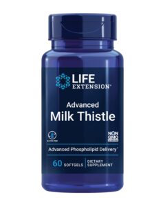 life extension advanced milk thistle, silymarin, silybin, phospholipids, promotes healthy liver function, gluten-free, non-gmo, 60 softgels