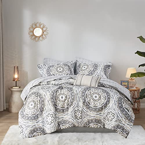 Madison Park Essentials Serenity Bed in a Bag Comforter Set, Medallion Damask Design, All Season Bedding with Cotton Sheet Set, Bedskirt, Queen(90"x90"), Taupe 9 Piece