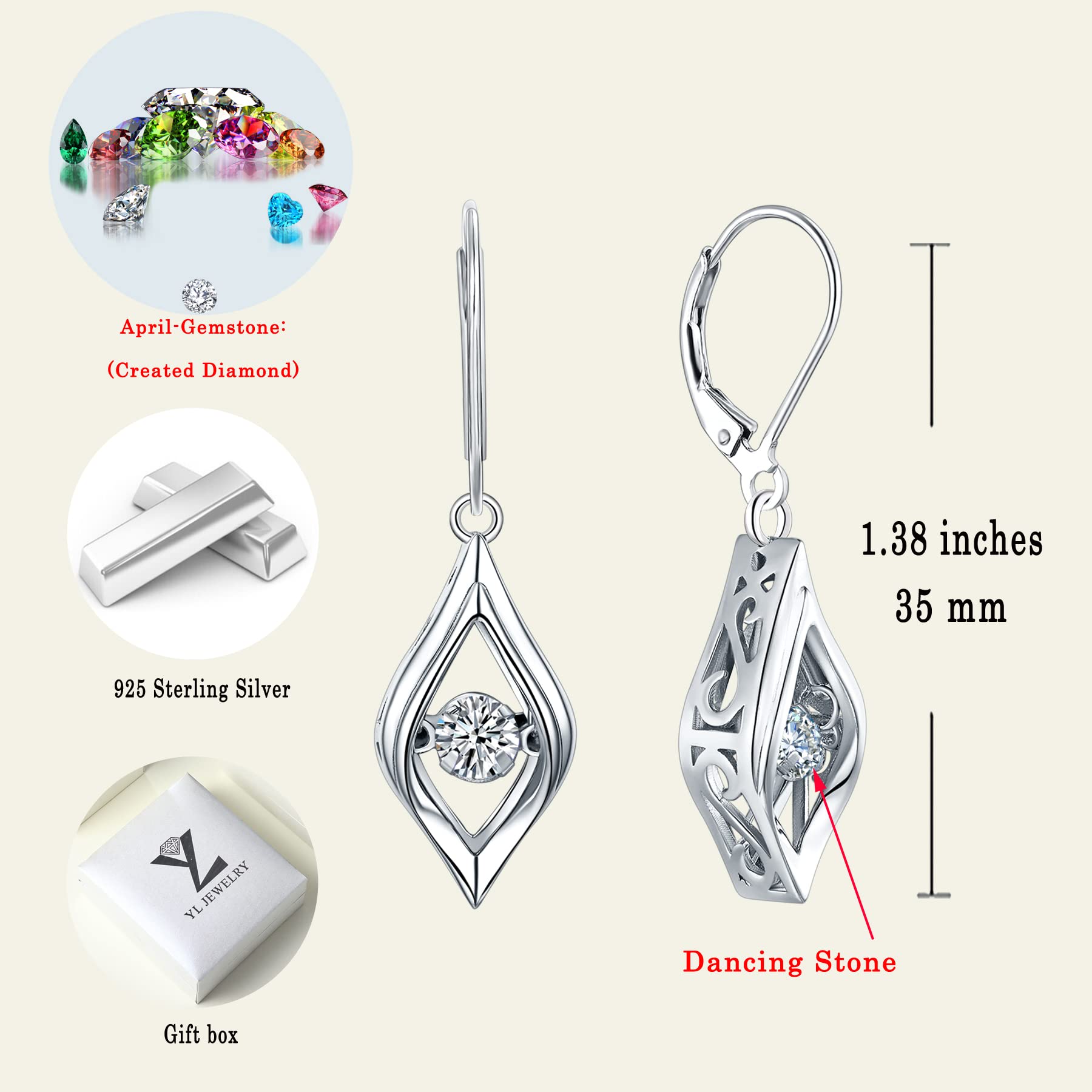 YL Eye Earrings 925 Sterling Silver Dancing Diamond Halo Dangle Earrings Birthstones Drop Jewelry (04-diamond-Apr)