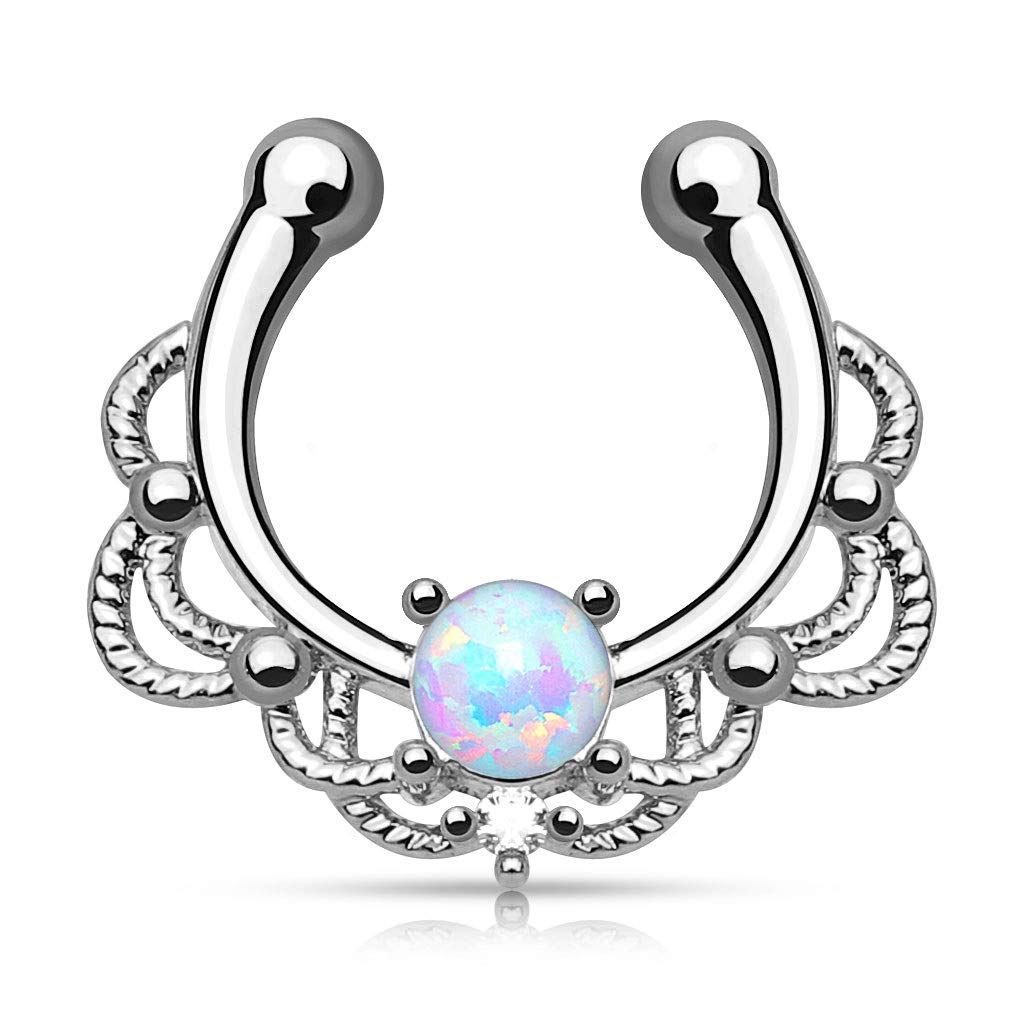 16GA Lacey Single Synthetic Opal Clip On Fake Non No Piercing Septum Hanger Ring (White)