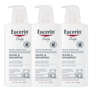 eucerin baby unscented baby shampoo and body wash, hypoallergenic, tear free shampoo and wash with pro-vitamin b5 and shea butter, 13.5 fl oz bottle