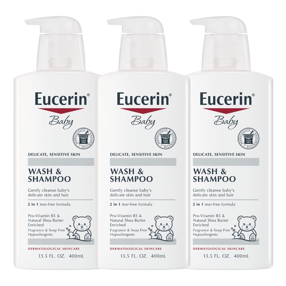 Eucerin Baby Unscented Baby Shampoo and Body Wash, Hypoallergenic, Tear Free Shampoo and Wash with Pro-Vitamin B5 and Shea Butter, 13.5 Fl Oz Bottle