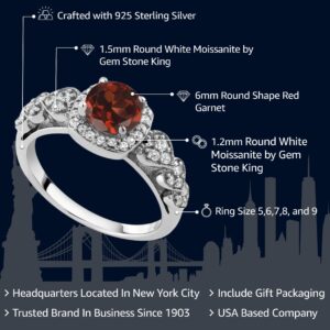 Gem Stone King 925 Sterling Silver Red Garnet Engagement Ring For Women (1.32 Cttw, Gemstone Birthstone, Round Cut 6MM, Gemstone Birthstone, Available In Size 5, 6, 7, 8, 9)