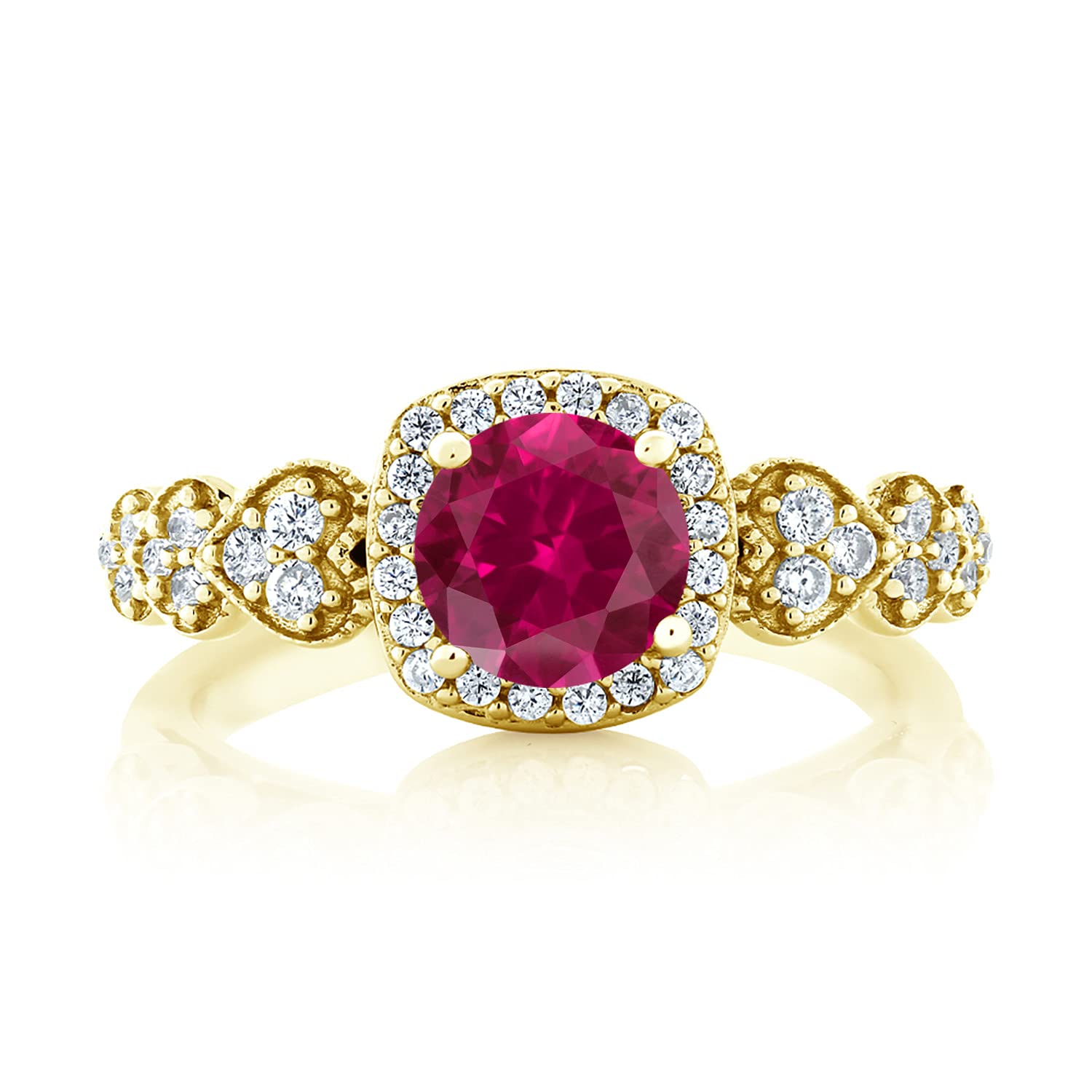 Gem Stone King 18K Yellow Gold Plated Silver Red Created Ruby Women's Engagement Ring (1.32 Ct Round) (Size 6)