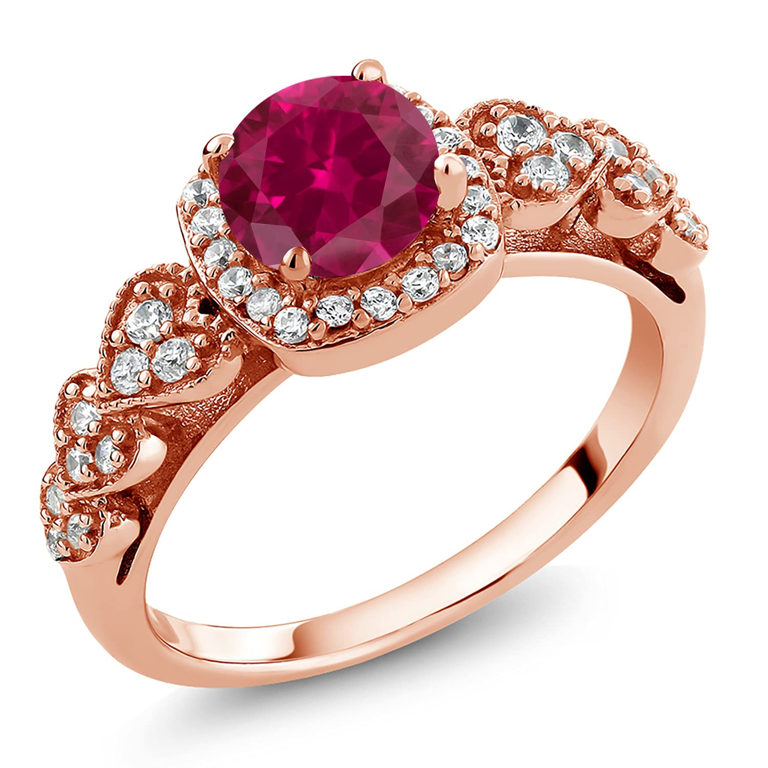 Gem Stone King 18K Rose Gold Plated Silver Round Red Created Ruby Ring For Women (1.32 Cttw, Available In Size 5, 6, 7, 8, 9)