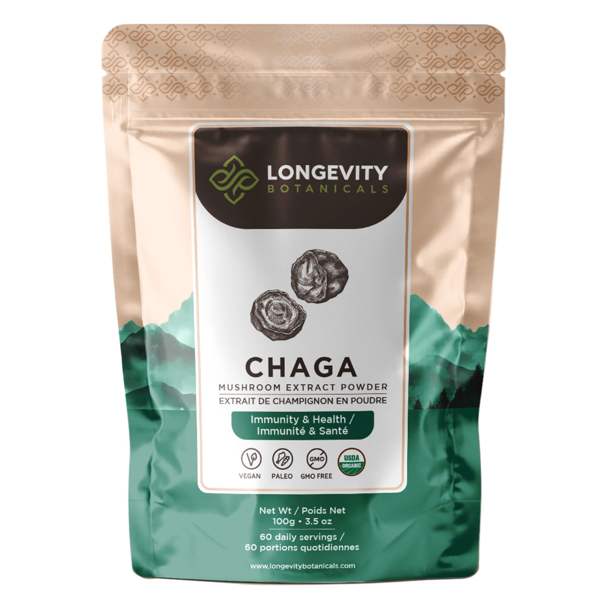 Longevity Botanicals Organic Chaga Mushroom Powder - Ultra Concentrated Supplement - Promotes a Balanced Immune System, Relaxation, Stress Relief and Improved Sleep - 100 Grams